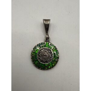 Silver Mayan/Aztec Sun Calendar Taxco Pendant Green Mosaic